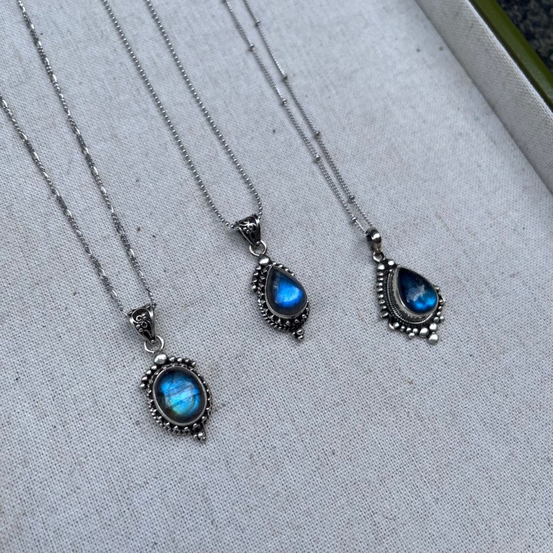 喜迎瑶 925银 拉长石 天然石 项链 蓝拉长石 复古风 民族风 男女 - 项链 - 水晶 蓝色