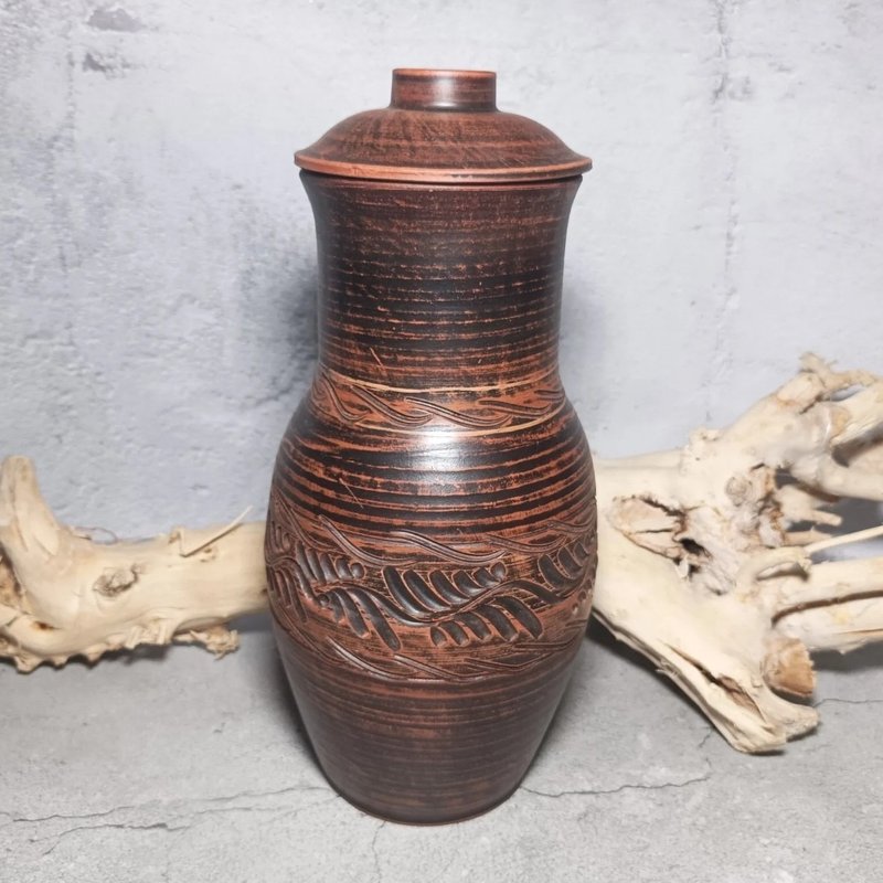 陶器大壶3000毫升手工红粘土葡萄酒容器棕色壶带盖 - 水瓶/水壶 - 粘土 