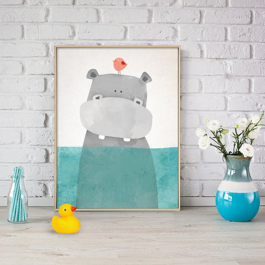 洗澡的河马-画/儿童房挂画/居家装饰/儿童礼物/复制画/卧房挂画 - 海报/装饰画/版画 - 其他材质 蓝色
