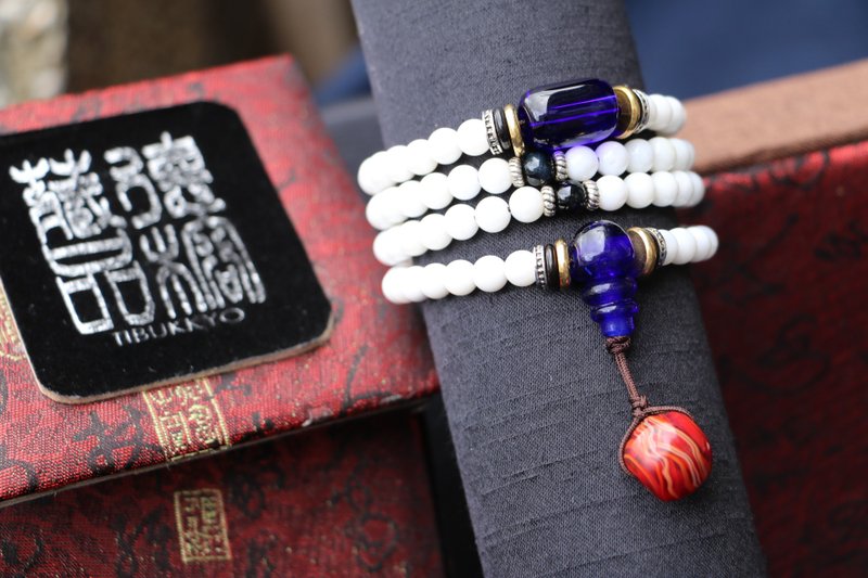 半玉化砗磲8mm 砗磲手链 砗磲串珠设计 蓝琉璃 胶胎琉璃 108颗 - 手链/手环 - 贝壳 