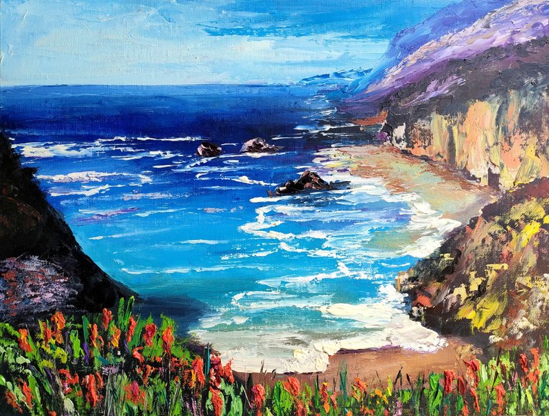 Big Sur Painting Beach Original Art California Seascape Impasto Oil Painting - 海报/装饰画/版画 - 其他材质 多色