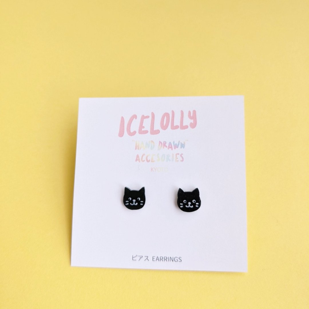 Kuroneko's hand-painted plastic van earrings and Clip-On - 耳环/耳夹 - 塑料 黑色