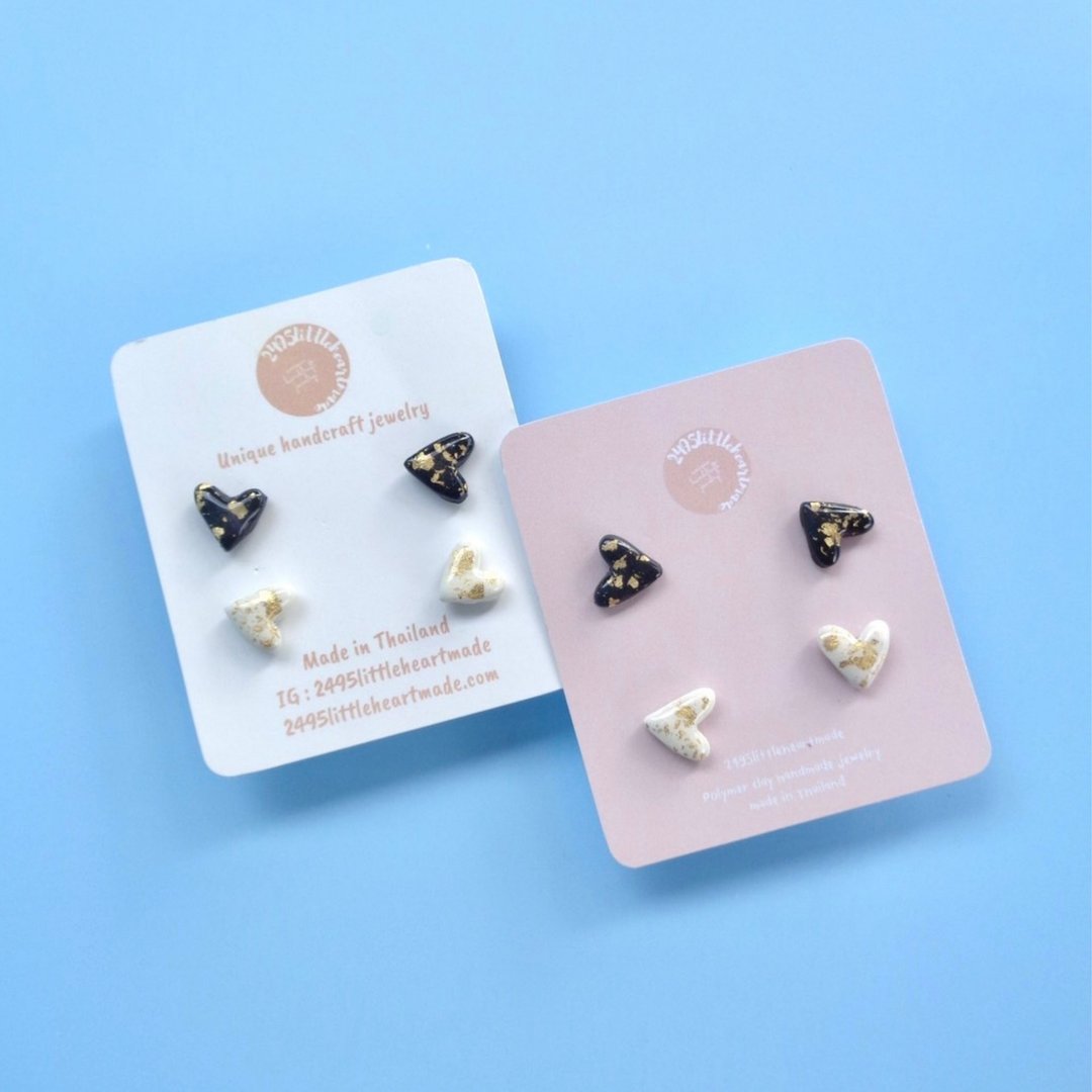 2 Pairs Mini Heart Gold Flakes Stud Polymer Clay Earrings - 耳环/耳夹 - 其他材质 多色