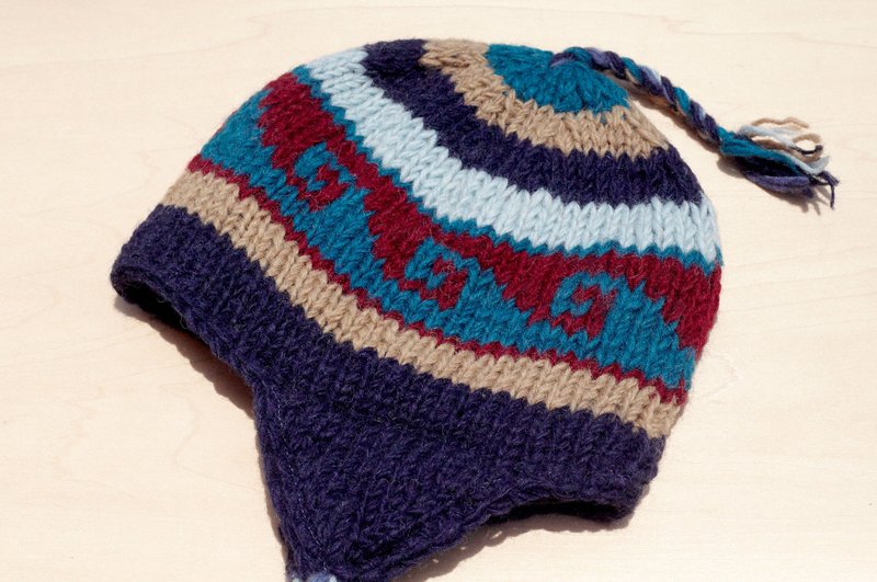 圣诞礼物 圣诞节儿童毛帽 / 针织纯羊毛保暖毛帽 / 儿童飞行毛帽 / 内刷毛帽 / 针织毛帽 / 童装护耳毛线帽 - 童趣深蓝色海洋图腾 - 围嘴/口水巾 - 羊毛 蓝色