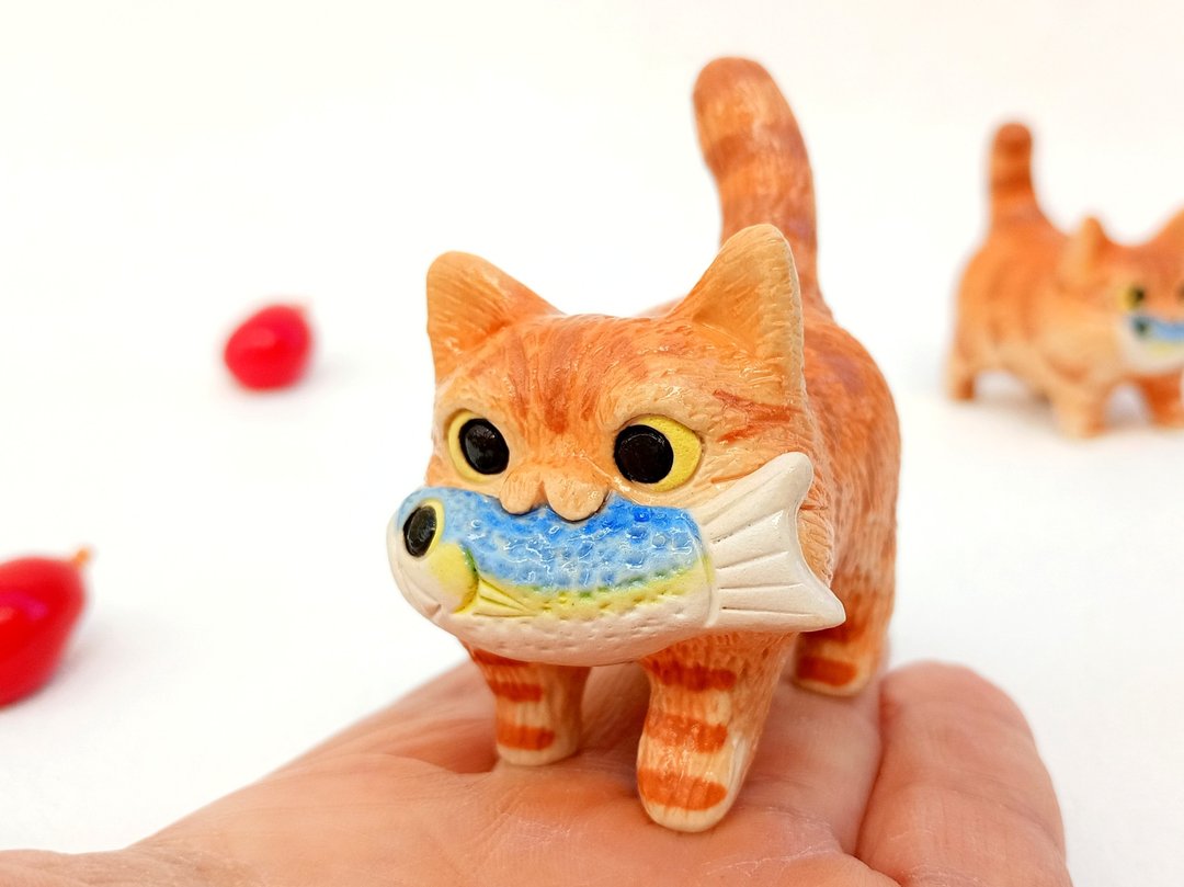 手工猫咪摆饰 猫奴礼物 - 摆饰 - 陶 橘色