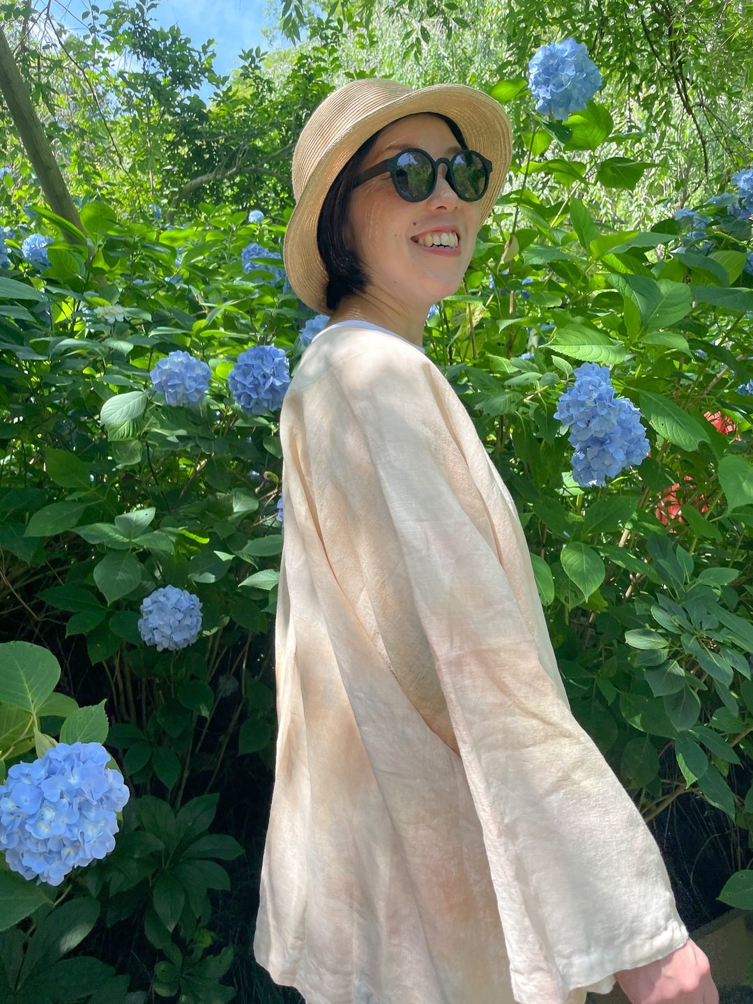 轻薄法国亚麻罩衫 泥染 蓝染 晕染人生 - 中性连帽卫衣/T 恤 - 棉 粉红色