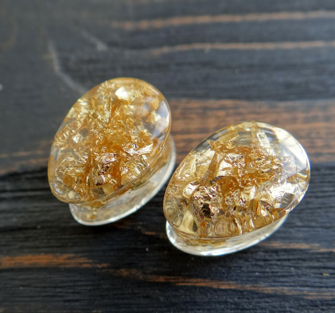Gold plugs earring 2g 0g 00g gauges flakes Iridescent Teardrop Resin - 耳环/耳夹 - 玫瑰金 金色