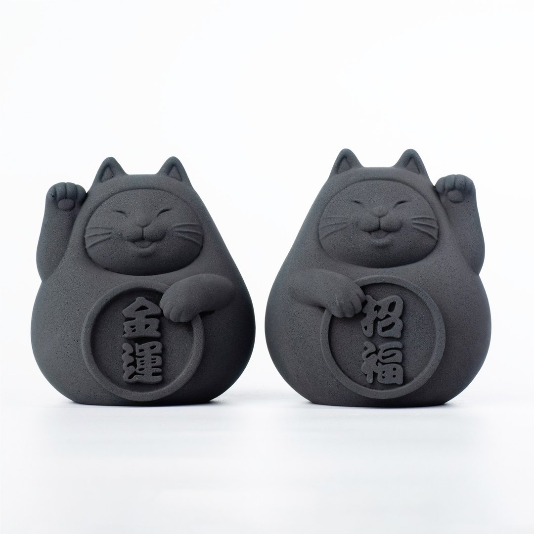 胖胖招财招福猫一对 (中) 炭钱黑 - 香薰/精油/线香 - 水泥 绿色