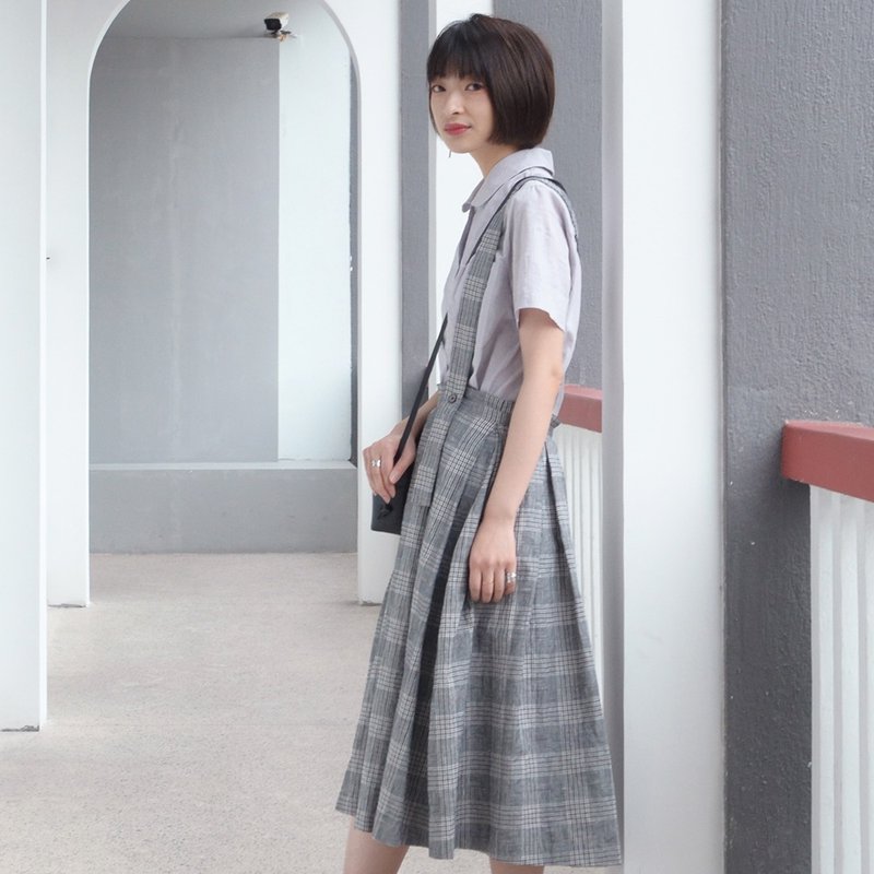 日系格纹背带半身裙|裙子|春夏款|亚麻|Sora-273 - 裙子 - 棉 