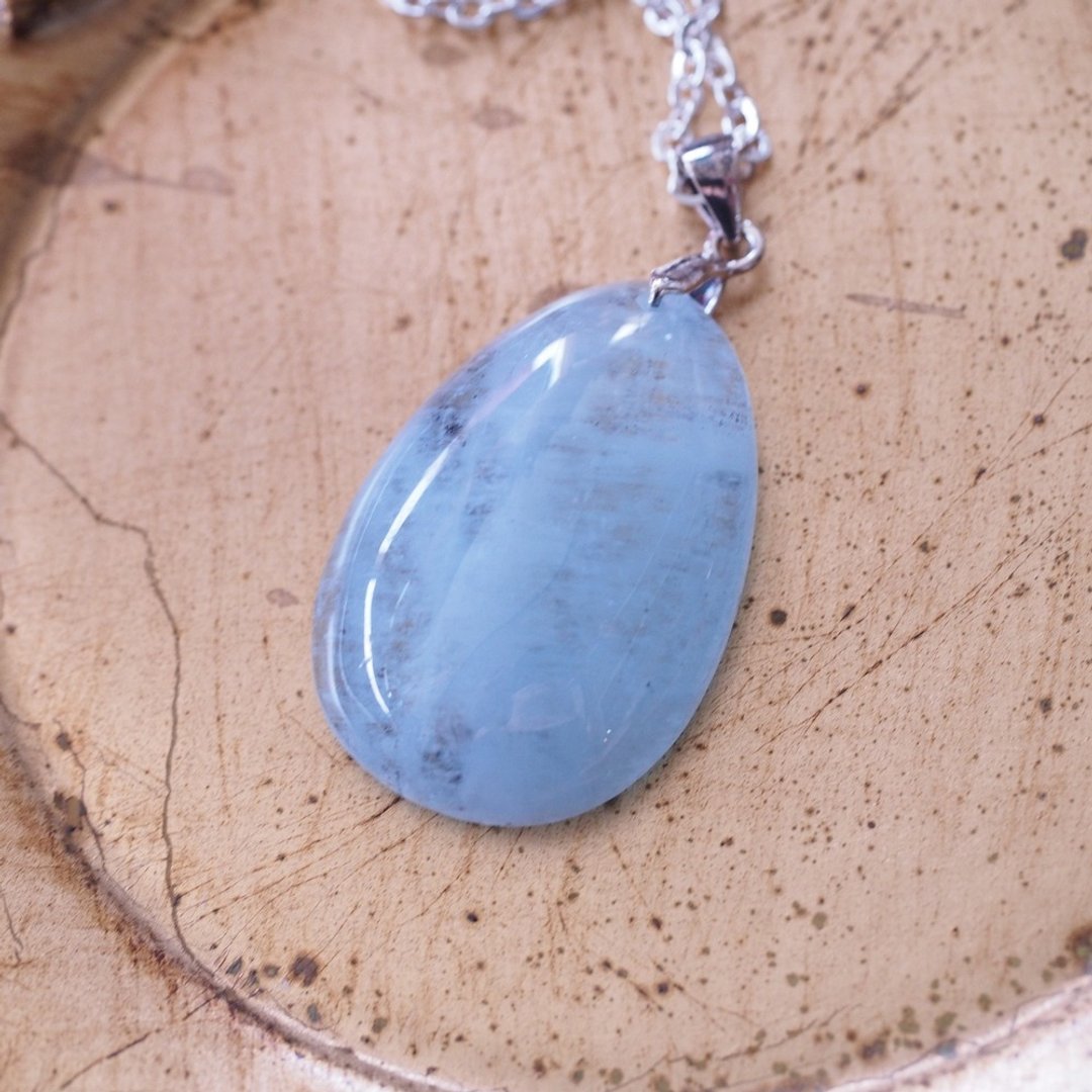 苔藓海水蓝宝 大颗 长项链 Moss aquamarine Pendant necklace - 长链 - 半宝石 蓝色
