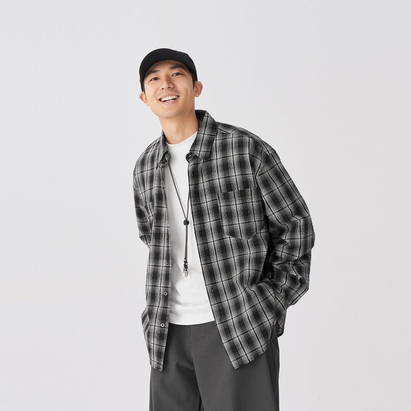 TopBasics 双口袋格纹衬衫 - 男装衬衫 - 聚酯纤维 黑色