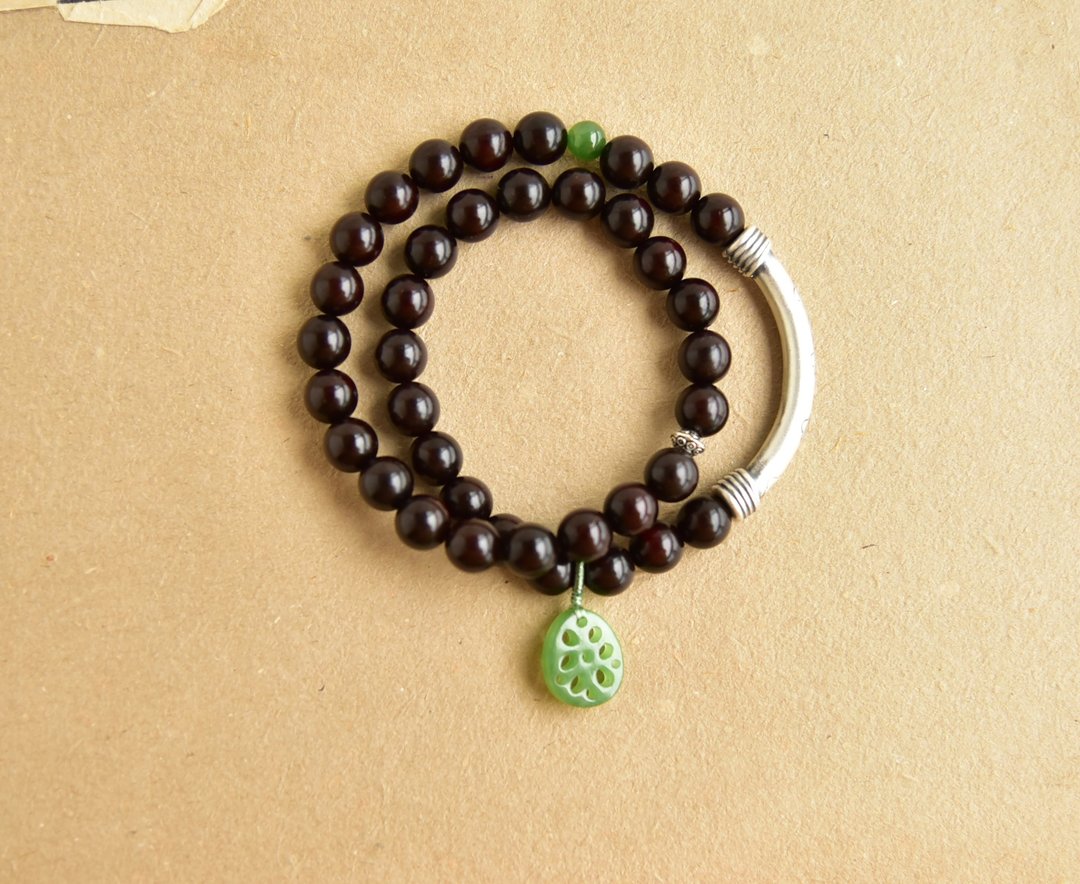 【流年】小叶紫檀 碧玉莲藕 925银手镯 复古禅意手链手环 - 手链/手环 - 木头 红色