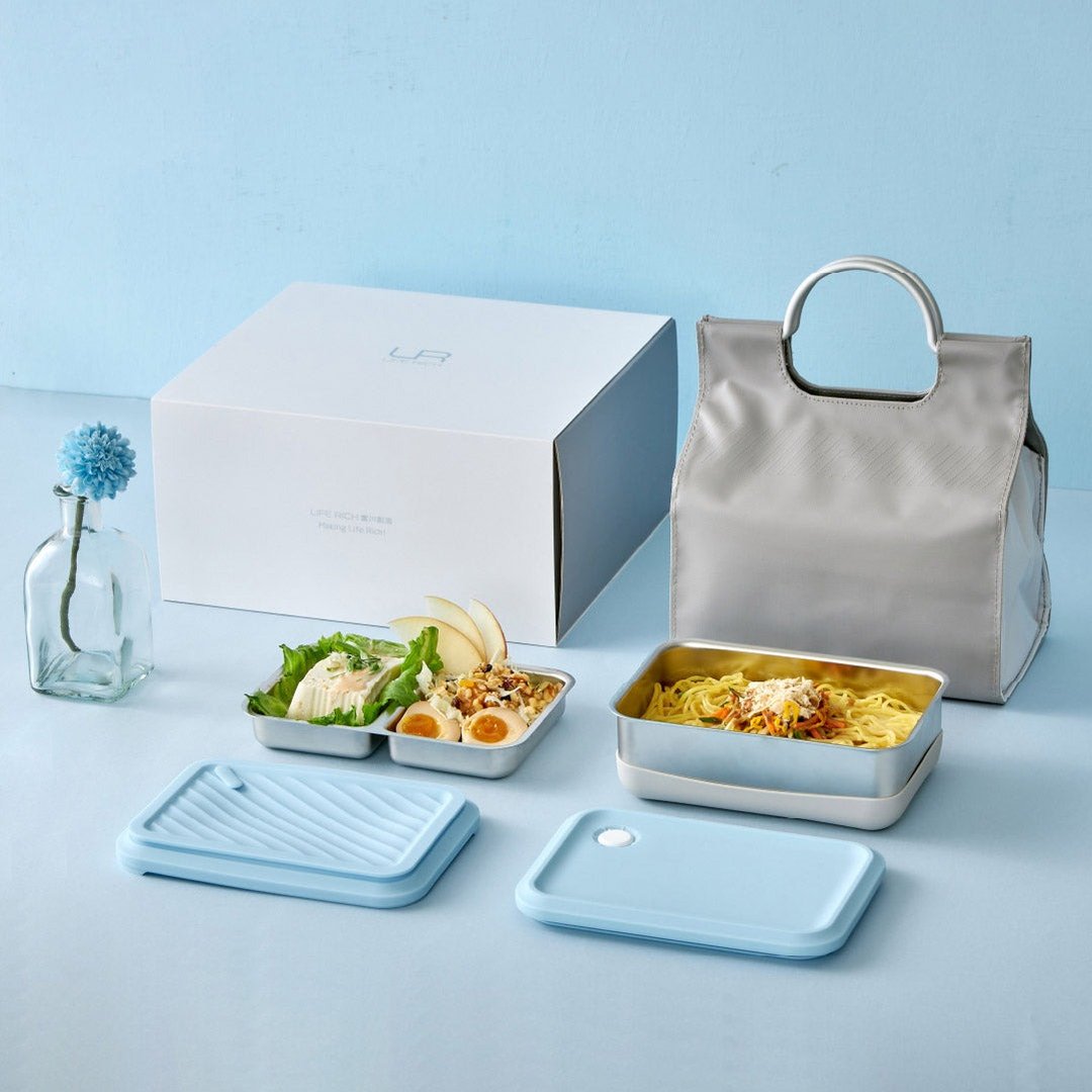 【 Pinkoi 限定 】Double Box 便当盒礼盒 －B2 蓝海浪花 - 便当盒/饭盒 - 不锈钢 蓝色