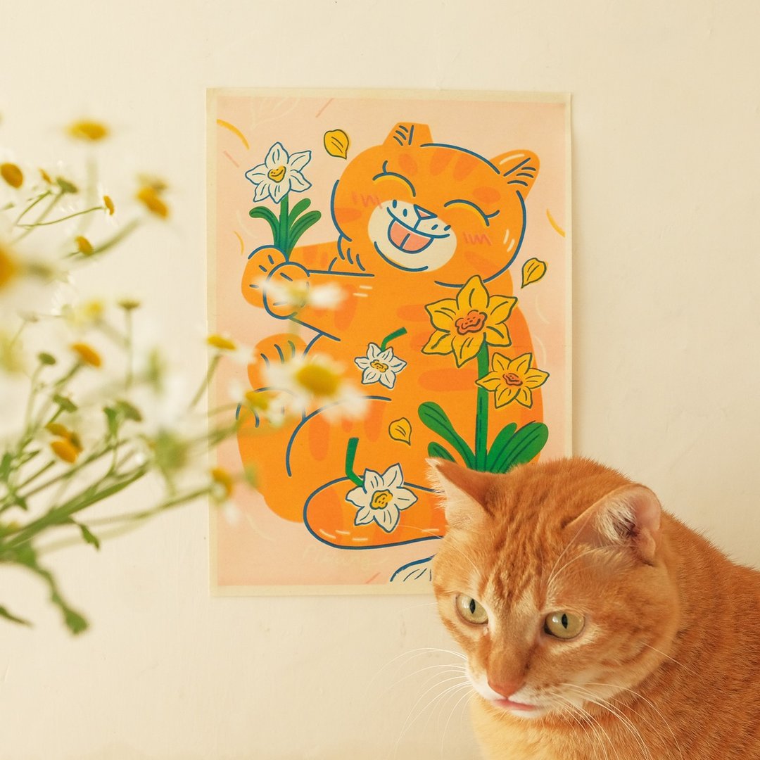 猫与花海报 / 猪猪 X 水仙花 / A4 孔版印刷 - 海报/装饰画/版画 - 纸 粉红色