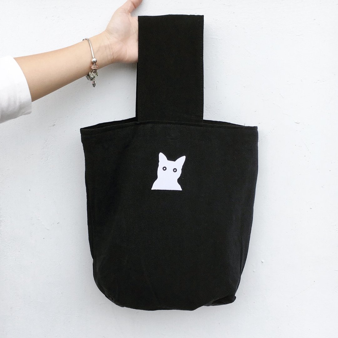 【毕业好礼】犀利希莉小猫贴布棉麻帆布复古包型手提包 A4/双层布/内袋/磁扣/大容量-灰色／黑色 母亲节礼物 - 手提包/手提袋 - 棉 黑色