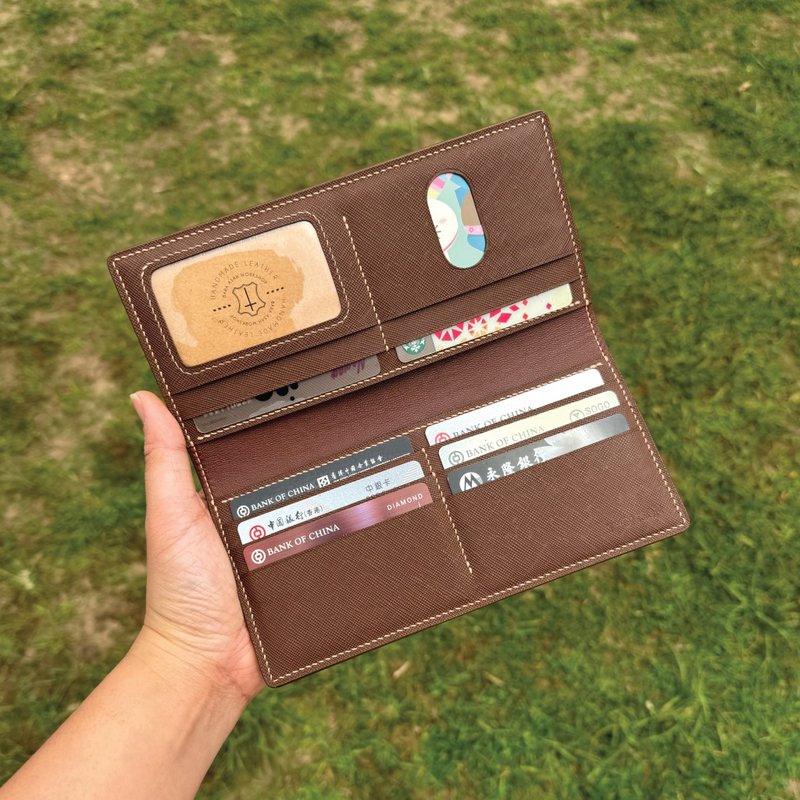 【长钱包】啡色十字纹牛皮/纤薄容量大/免费烙印/香港手工制造 - 皮夹/钱包 - 真皮 咖啡色