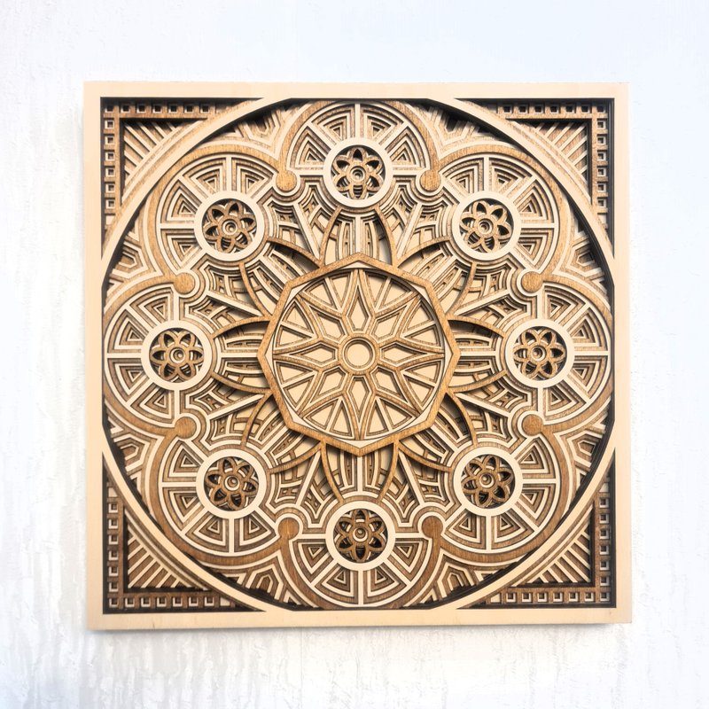 曼陀罗墙饰精神装饰 3d 多层花木莲花瑜伽脉轮 - 墙贴/壁贴 - 木头 咖啡色