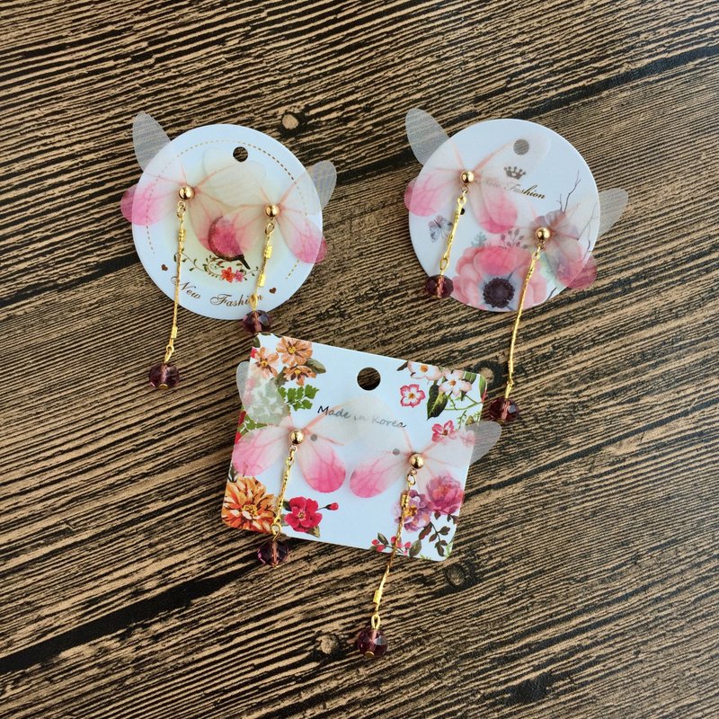 ❤️【任意2件9折！！】【桃花朵朵🌸❤️真丝蝴蝶】原创手工水钻水晶纯银樱花桃花仿真斑纹蝴蝶蜻蜓翅膀耳钩耳环耳钉耳夹式无耳洞交换礼物生日礼物 - 耳环/耳夹 - 其他材质 粉红色