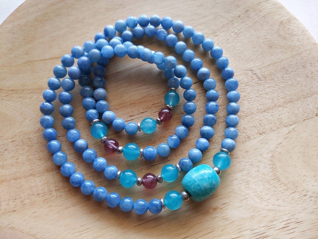 ORLI Jewelry 天然海蓝宝108颗念珠  海水蓝宝 天河石桶珠 水晶 - 手链/手环 - 宝石 蓝色