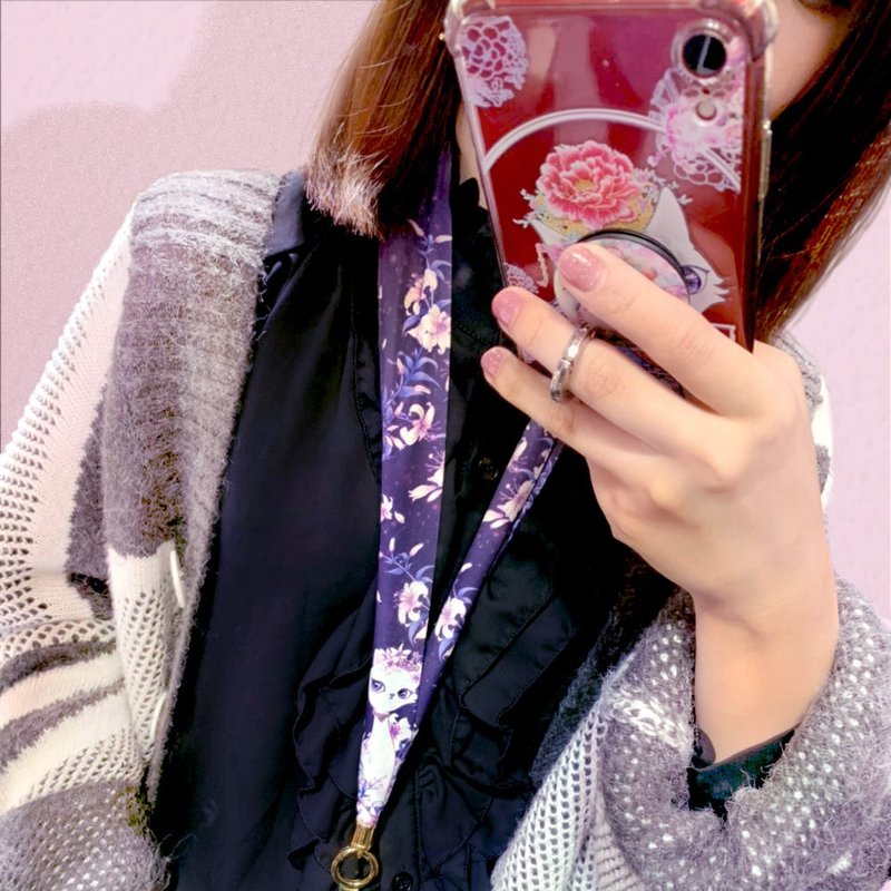 手机挂绳 | 证件带 | 丝巾挂绳 - 深紫罗兰 • 百合花小女王猫 - 挂绳/吊绳 - 丝．绢 紫色