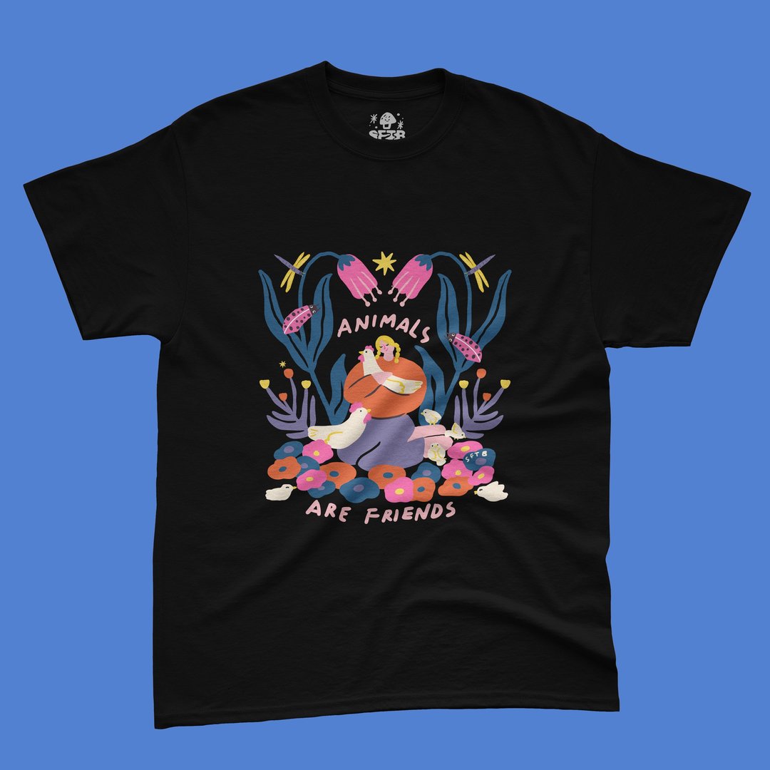 Animals are Friends Printed T-shirt - 中性连帽卫衣/T 恤 - 棉 