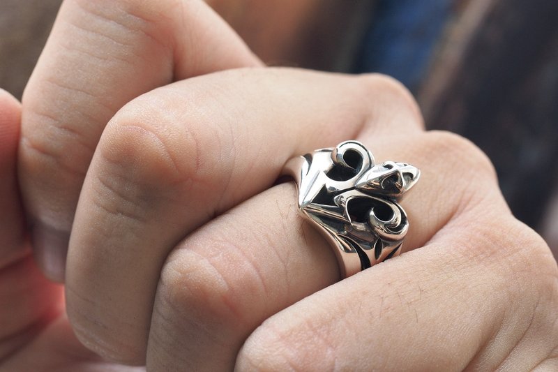 925纯银饰 十字架鸢尾花剑盾戒指 中古世纪 骑士 盾之勇者 - 戒指 - 纯银 银色