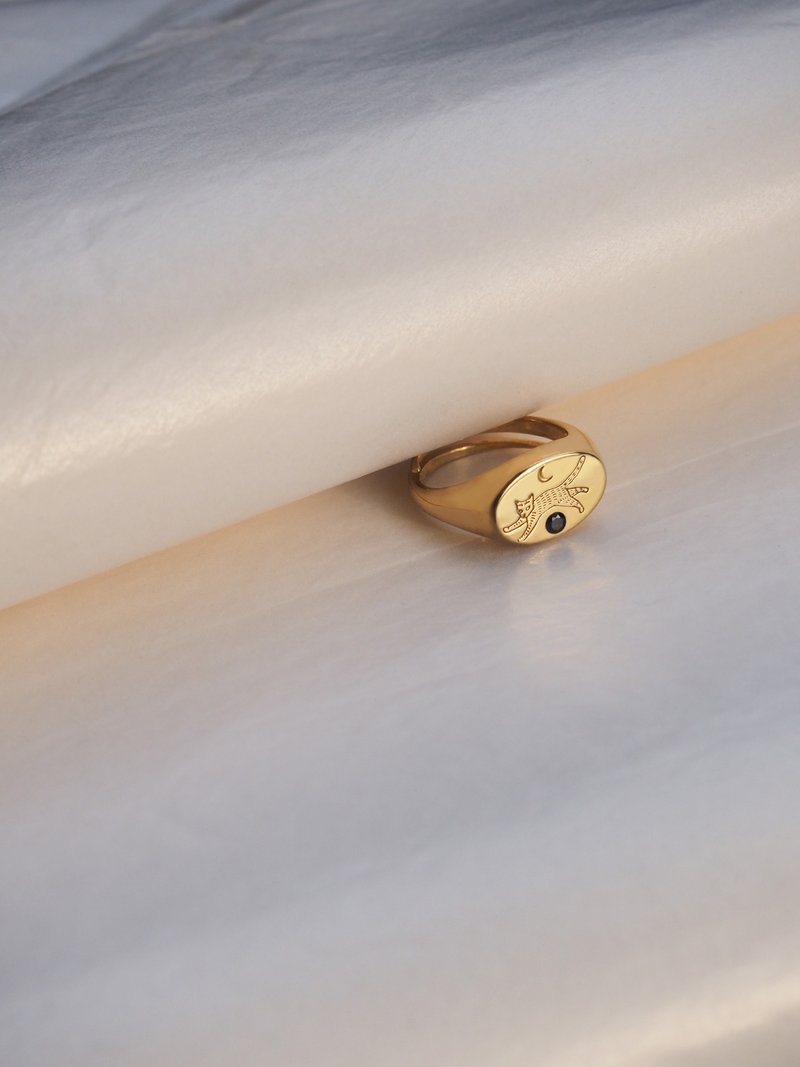 猫咪奔跑椭圆印记戒指，925 纯银，猫咪印记戒指，猫咪戒指。 - 戒指 - 纯银 银色