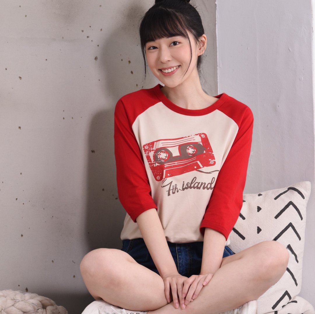 【西瓜红拼色棒球Tee】细纤纯棉七分袖。3色透气亲肤。复古音乐风 - 女装上衣 - 棉 
