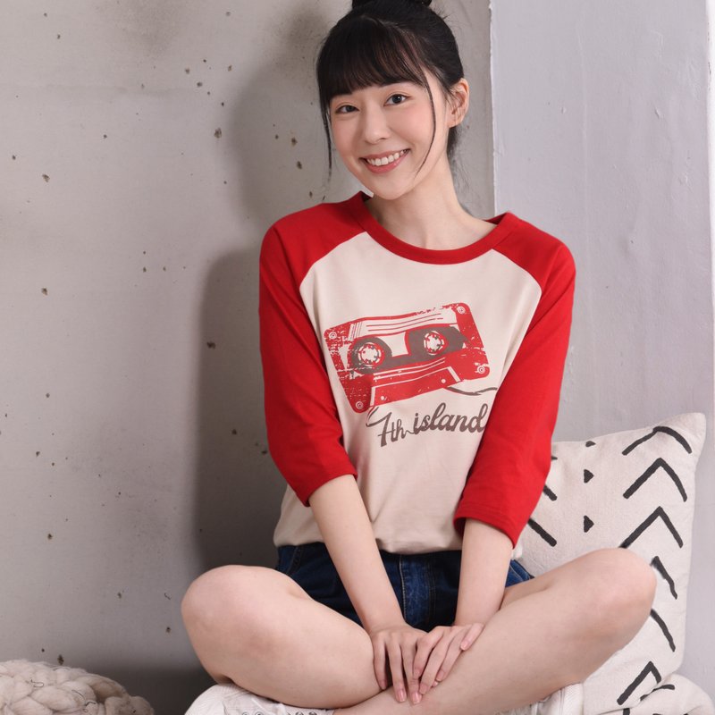 【西瓜红拼色棒球Tee】细纤纯棉七分袖。3色透气亲肤。复古音乐风 - 女装上衣 - 棉．麻 