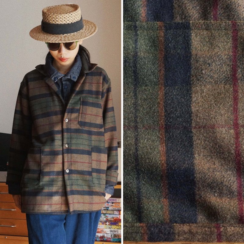 綠色格紋羊毛呢 中性 冬季長袖襯衫外套 經典法式3兜工裝 - 女装休闲/机能外套 - 羊毛 绿色