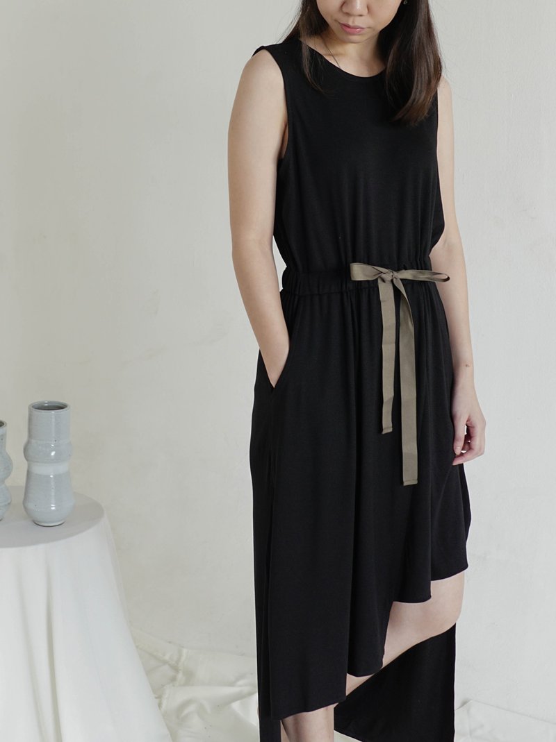 Black Jersey Sleeveless High Low Jersey Dress - 洋装/连衣裙 - 其他材质 黑色