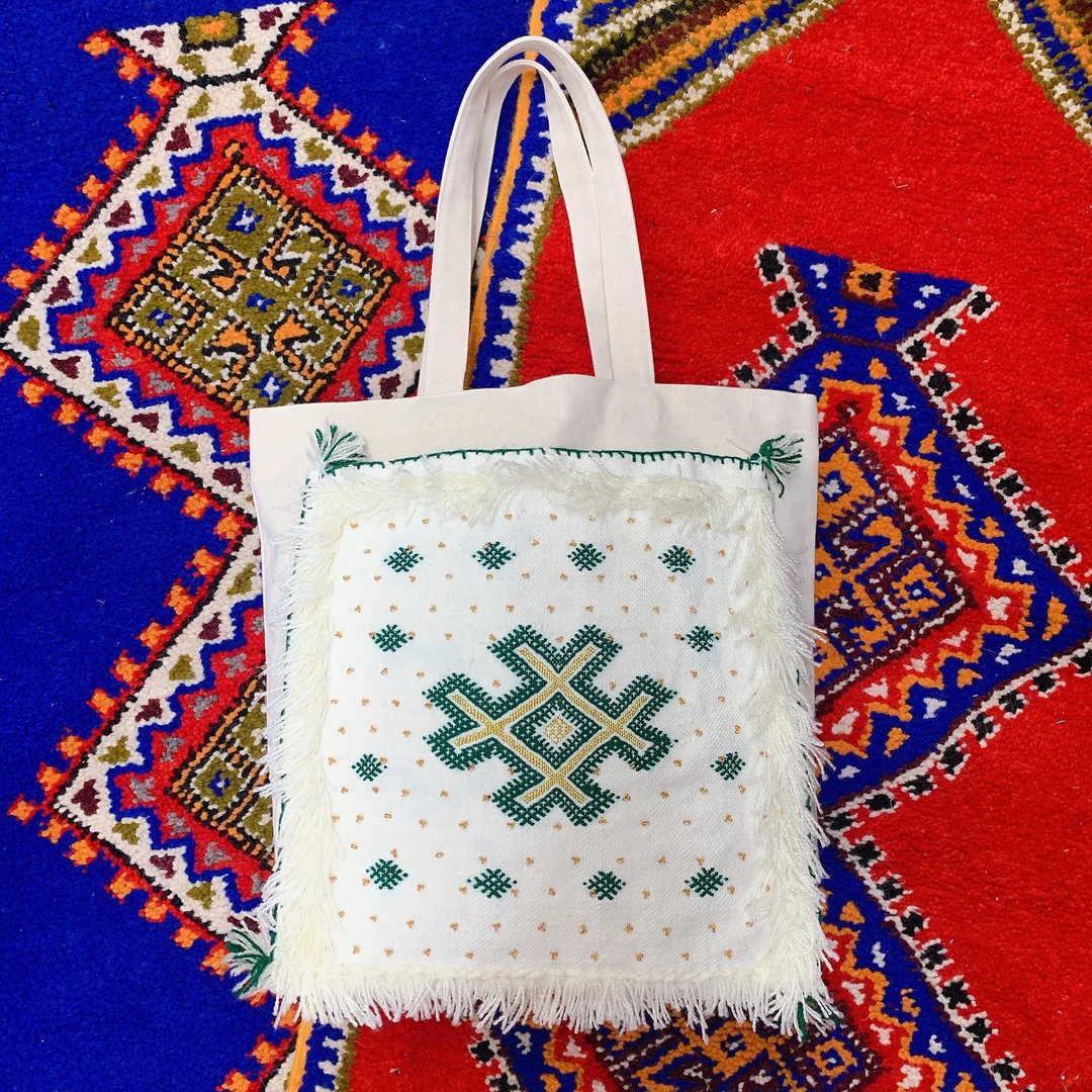 Amazigh手工羊毛织毯帆布托特包 金粒 - 手提包/手提袋 - 羊毛 绿色