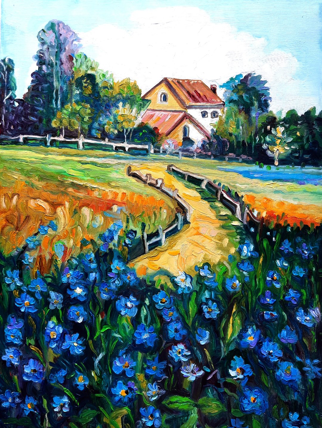 Fields of blue flowers  Painting  Original Oil Art Wall Decor Oil On Canvas - 墙贴/壁贴 - 其他材质 蓝色