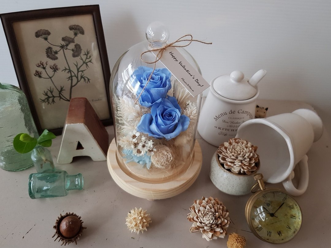 永生花+干燥花|海洋蓝玫瑰不凋花玻璃花盅│永生花 - 干燥花/捧花 - 植物．花 蓝色