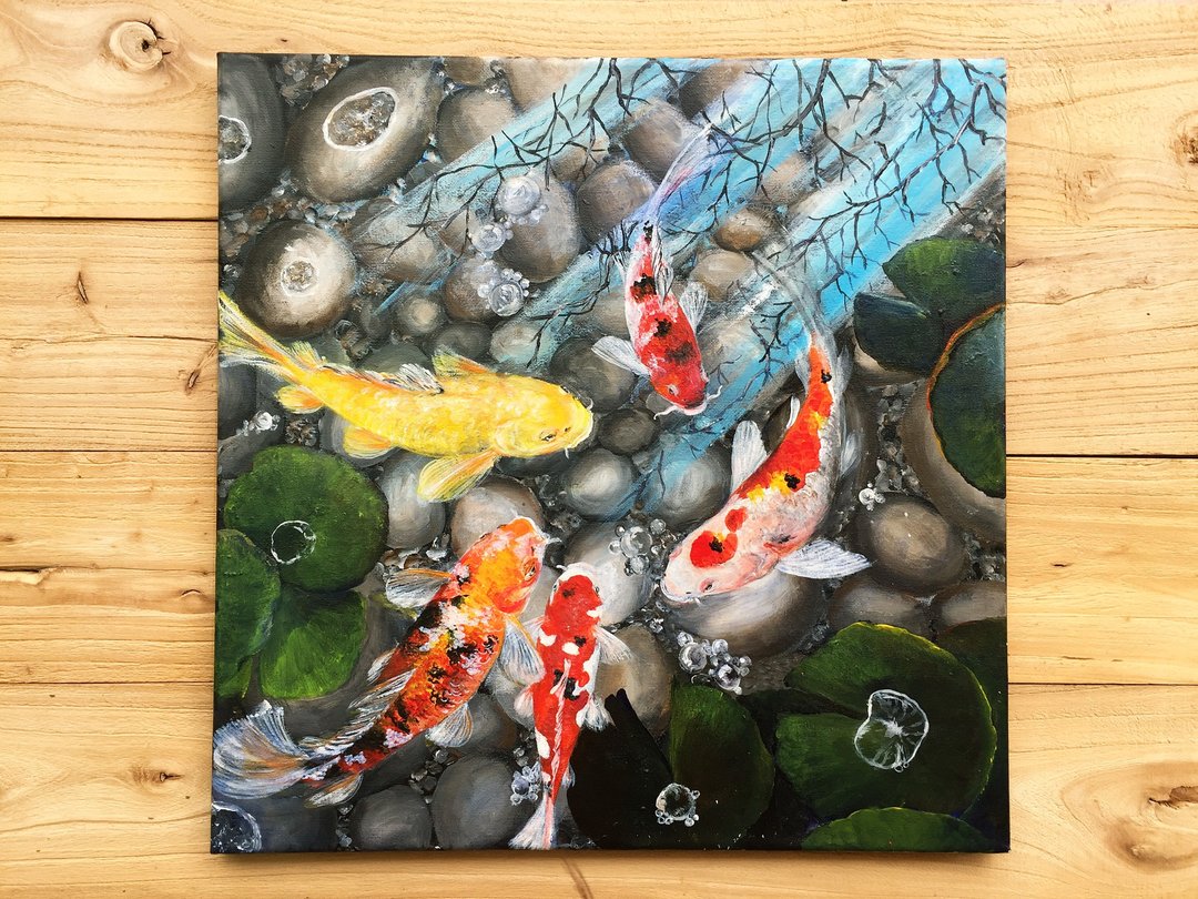 【五鲤图】锦鲤鱼池丙烯原作 | 五福临门风水挂画 | 玄关客厅画作 - 海报/装饰画/版画 - 棉 