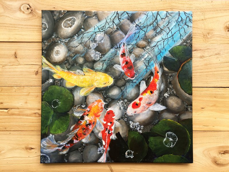 【五鲤图】锦鲤鱼池丙烯原作 | 五福临门风水挂画 | 玄关客厅画作 - 海报/装饰画/版画 - 棉．麻 