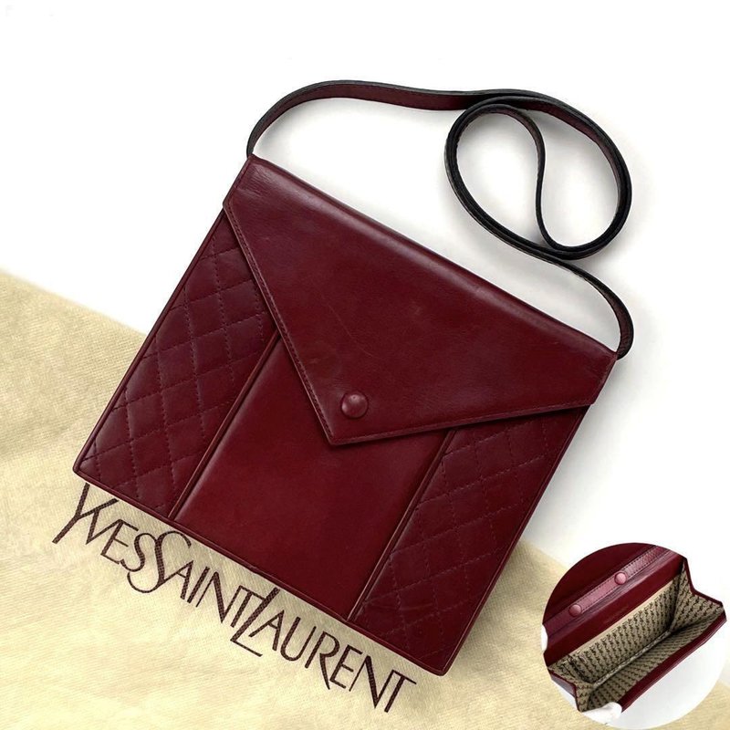 中古二手Yves Saint Laurent酒红色信封真皮革侧背孭背腋下包手袋 - 侧背包/斜挎包 - 真皮 红色