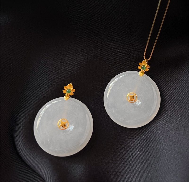 18K【花开圆满】 冰润翡翠平安扣坠饰 东方美学/ 翡翠坠饰 /珠宝 - 项链 - 玉石 透明