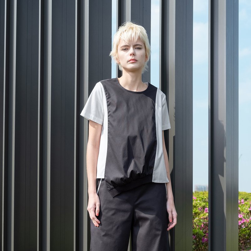 黑白配色不对称上衣 - 女装上衣 - 棉．麻 多色