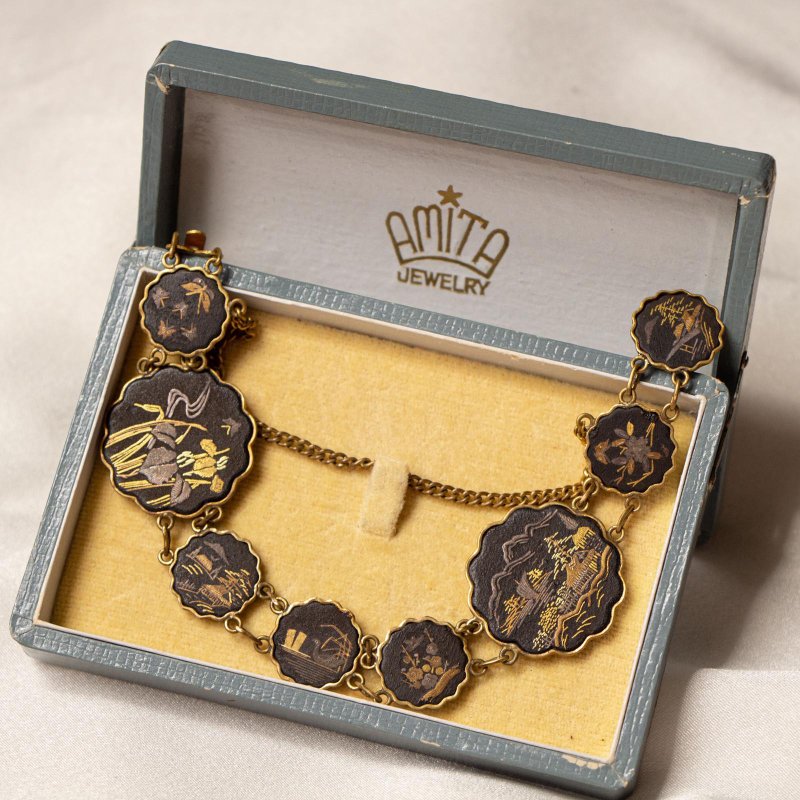 日本Amita古董布目象嵌 24K金/银镶嵌工艺 日式图腾 据日时期手链 - 手链/手环 - 24k 金 黑色