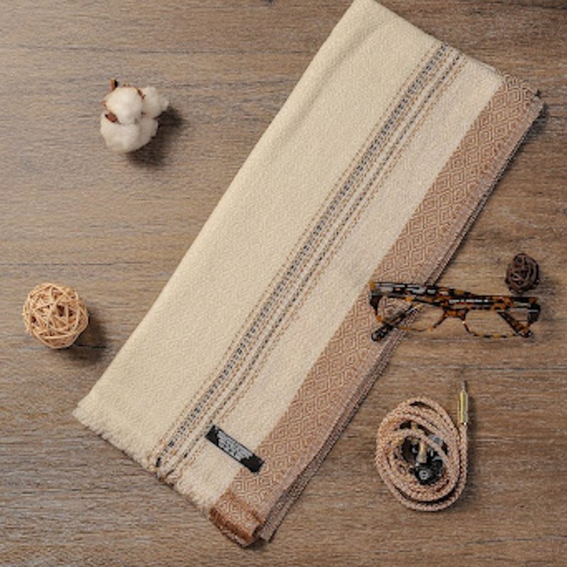 【窄版】喀什米尔羊毛围巾 米色大地条纹 脖围 手工编织 男女可 - 围巾/披肩 - 羊毛 灰色