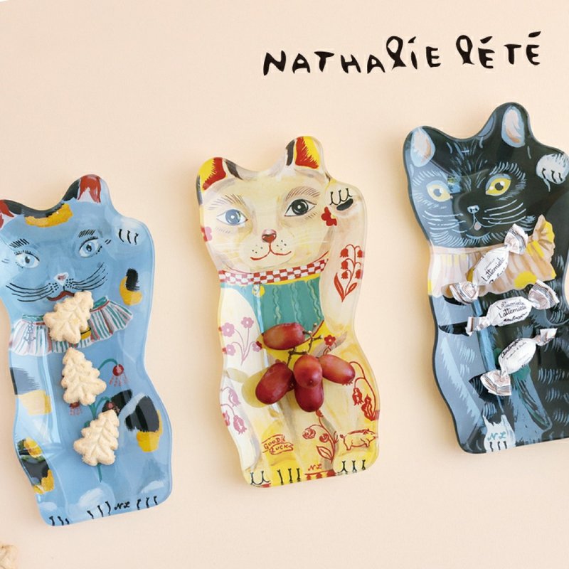 日本直送 法国插画家Nathalie Lete猫玻璃盘 - 盘子/餐盘/盘架 - 玻璃 多色