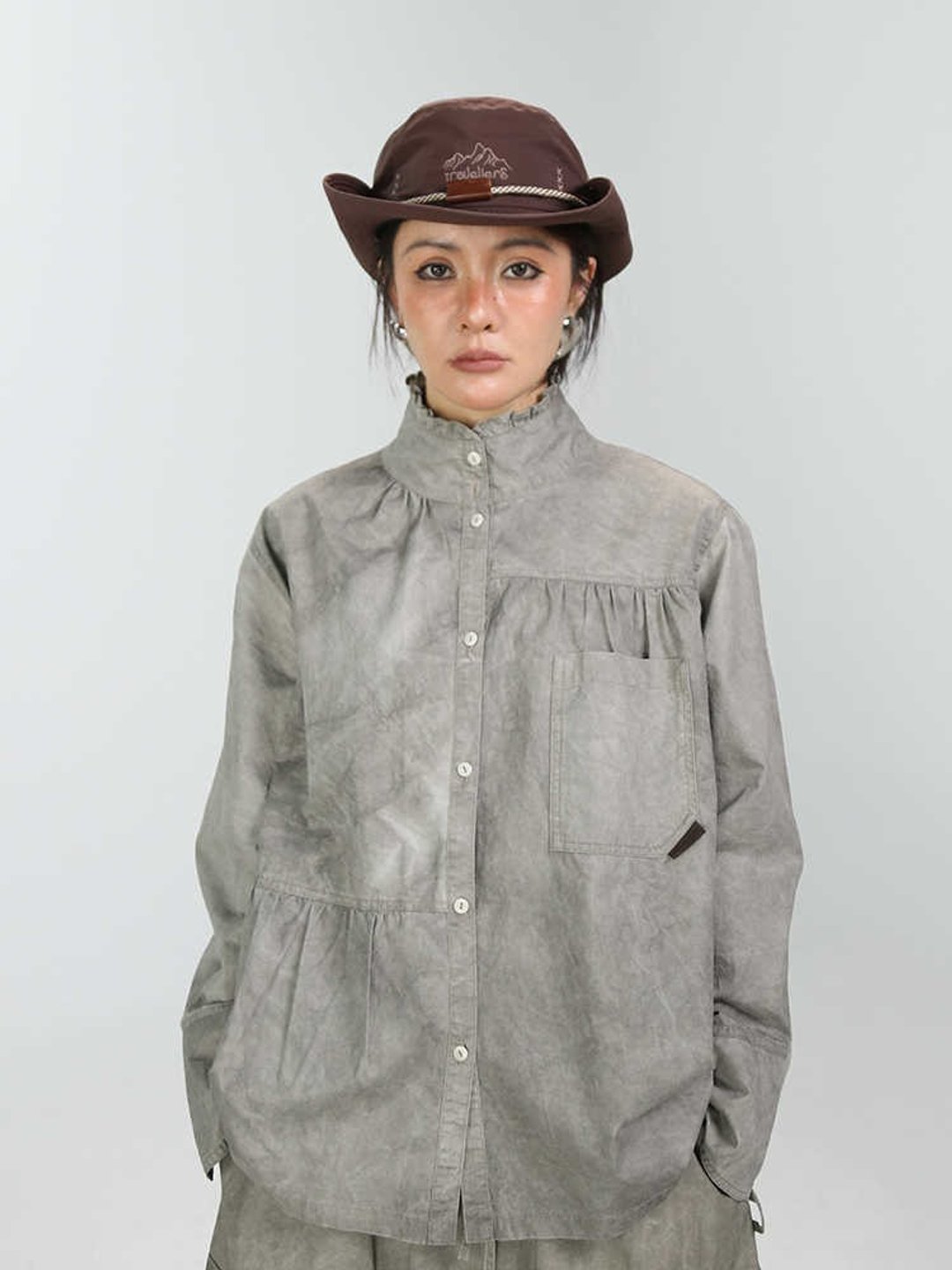 脏脏做旧复古长袖衬衫女宽松百搭通勤衬衣外套 - 女装上衣 - 其他材质 