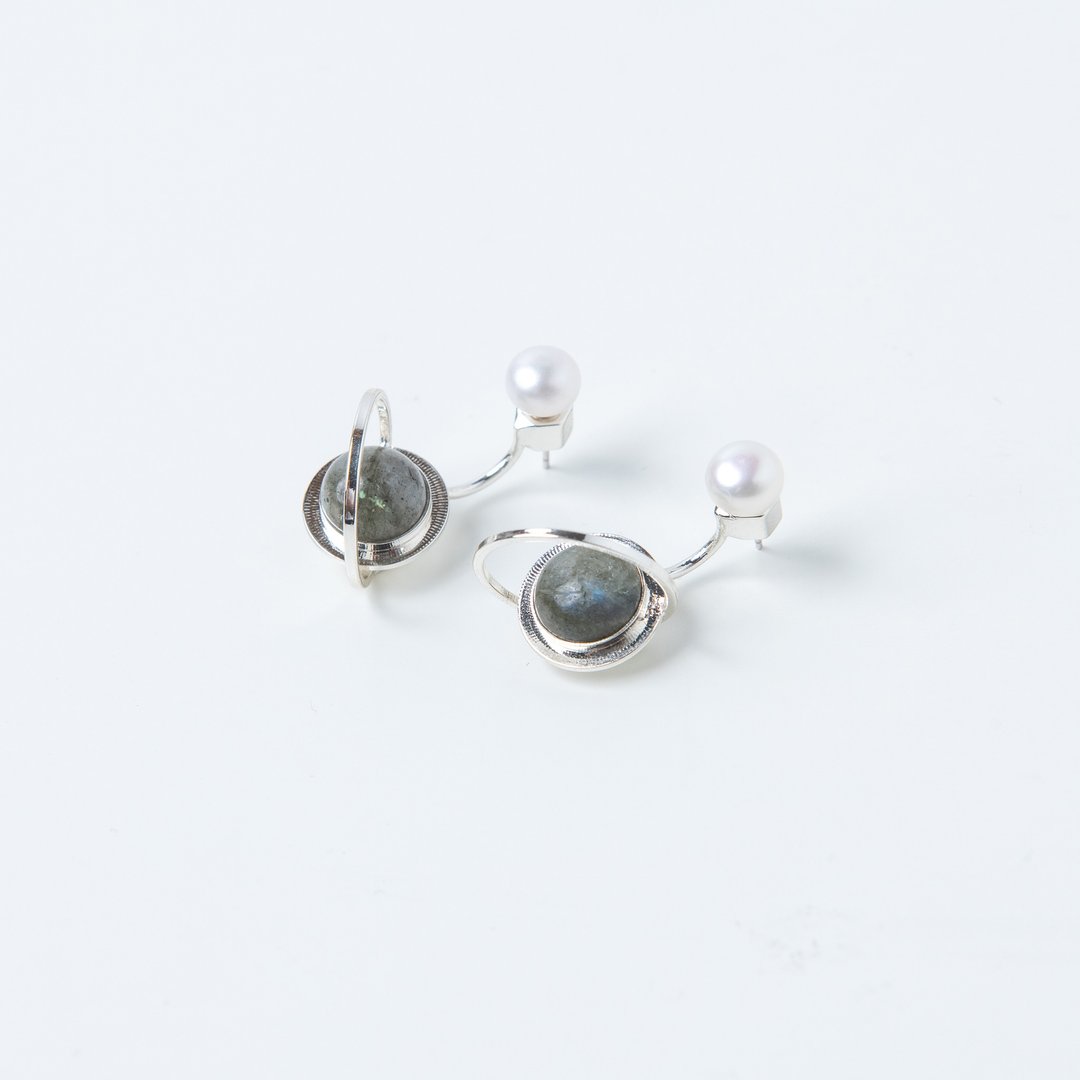 尼普顿星球拉长石珍珠耳环 Neptune pearl labradorite earrings - 耳环/耳夹 - 珍珠 