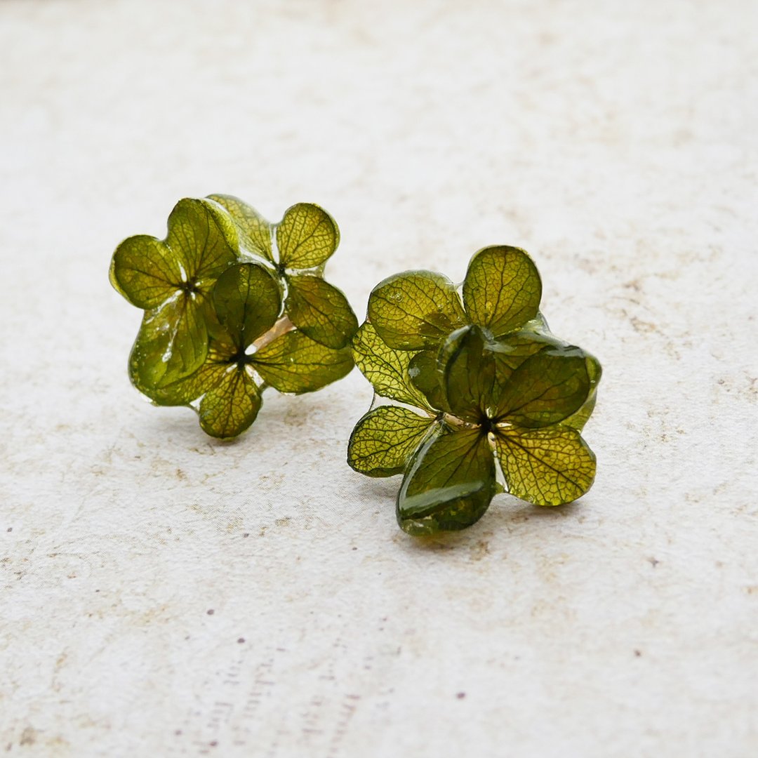 Real hydrangea flower earrings - 耳环/耳夹 - 树脂 绿色