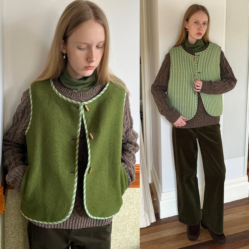 mintcheese 蜜瓜条纹童话绿 双面穿羊毛圈圈马甲 - 女装背心 - 羊毛 多色