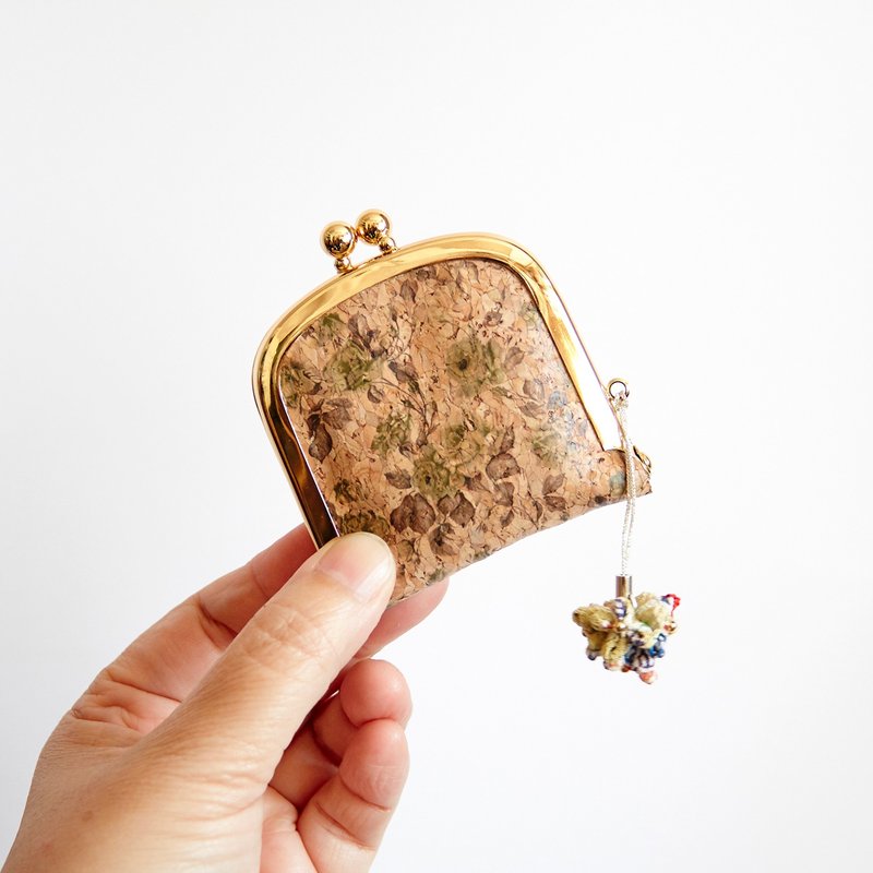 软木绿玫瑰图案口金零钱包 // 小型首饰包 - 零钱包 - 真皮 绿色