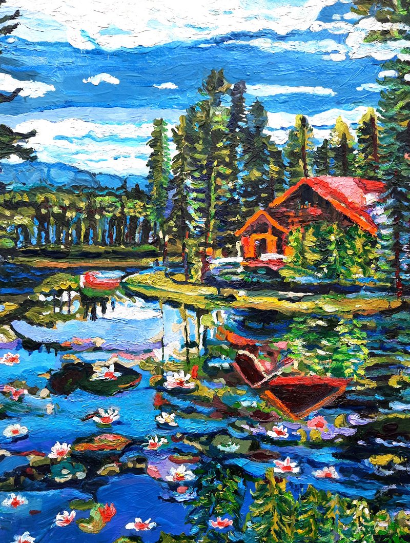 林地小屋 油画,睡莲  House Painting Original Art Oil Painting Lilies Art - 墙贴/壁贴 - 其他材质 蓝色