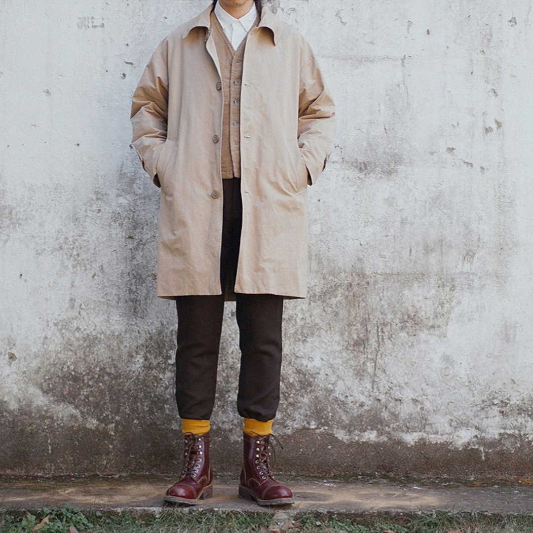Balmacaan Overcoat 宽松落肩版型大翻领巴尔玛肯风衣 - 男装外套 - 棉 卡其色