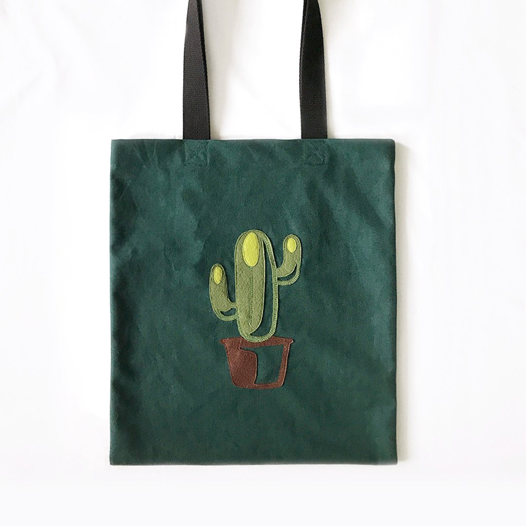 仙人掌, 厚帆布布袋, 全人手制Tote Bag - 侧背包/斜挎包 - 棉 绿色